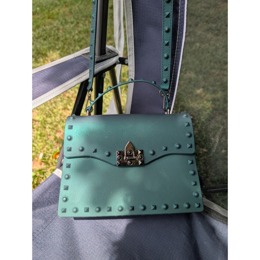 Green Studded Crossbody Bag Rockstud Style Top Handle Structured‎ Satchel